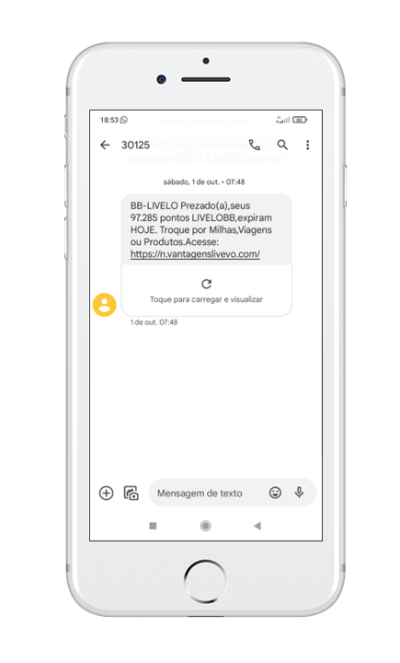 Imagem de celular com mensagem de um SMS sobre pontos Livelo. 