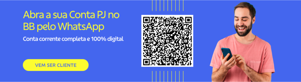 Banner retangular com fundo azul. À direita um homem branco sorri enquanto mexe no celular. Ele usa blusa rosa. No meio um QR Code.

À esquerda o texto: Abra sua conta PJ no BB pelo Whatsapp

Conta corrente completa e 100% digital. Botão: Vem ser cliente