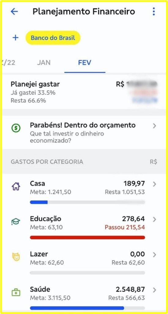 Print do app BB na tela do Planejamento Financeiro do Minhas Finanças. 