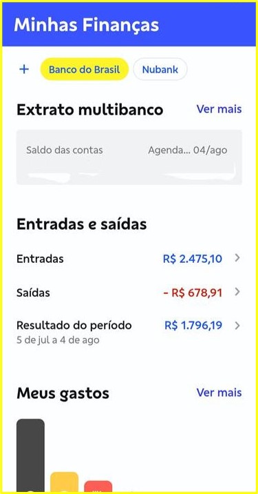 Print do app BB na tela do Extrato Multibanco do Minhas Finanças. 