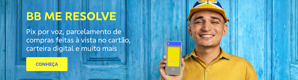 Banner promocional do Banco do Brasil com o cantor João Gomes sorrindo e segurando um celular, ao lado do texto: BB Me Resolve. Pix por voz, parcelamento de compras à vista no cartão, carteira digital e muito mais.
Botão: Conheça