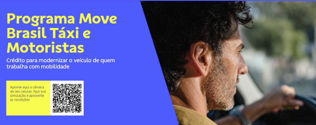 Peça gráfica do Programa Move Brasil para taxistas e motoristas de aplicativo, com motorista dirigindo veículo, destaque para crédito para financiamento e QR code para simulação